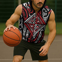 New Zealand Maori Taniko Sleeveless Zip Hoodie Red Kowhaiwhai Puhoro LT9 - Polynesian Pride
