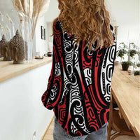 New Zealand Maori Taniko Women Casual Shirt Red Kowhaiwhai Puhoro