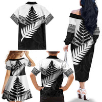New Zealand Silver Fern Family Matching Off The Shoulder Long Sleeve Dress and Hawaiian Shirt Maori Koru Mixed Taniko Pattern LT9 - Polynesian Pride
