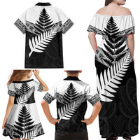 New Zealand Silver Fern Family Matching Off Shoulder Maxi Dress and Hawaiian Shirt Maori Koru Mixed Taniko Pattern LT9 - Polynesian Pride
