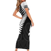 New Zealand Silver Fern Short Sleeve Bodycon Dress Maori Koru Mixed Taniko Pattern