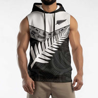 New Zealand Silver Fern Sleeveless Hoodie Maori Koru Mixed Taniko Pattern - Polynesian Pride