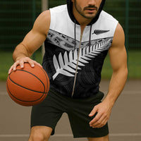 New Zealand Silver Fern Sleeveless Zip Hoodie Maori Koru Mixed Taniko Pattern - Polynesian Pride