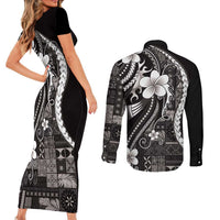 Samoa Siapo Tribal Pattern Couples Matching Short Sleeve Bodycon Dress and Long Sleeve Button Shirt Black Polynesian Plumeria Tapa Motif