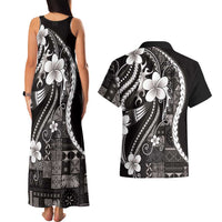 Samoa Siapo Tribal Pattern Couples Matching Tank Maxi Dress and Hawaiian Shirt Black Polynesian Plumeria Tapa Motif