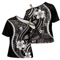Samoa Siapo Tribal Pattern Cross Shoulder Shirt Black Polynesian Plumeria Tapa Motif