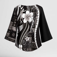 Samoa Siapo Tribal Pattern Kimono Sleeve Blouse Black Polynesian Plumeria Tapa Motif