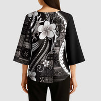 Samoa Siapo Tribal Pattern Kimono Sleeve Blouse Black Polynesian Plumeria Tapa Motif