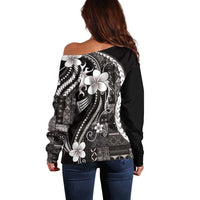 Samoa Siapo Tribal Pattern Off Shoulder Sweater Black Polynesian Plumeria Tapa Motif