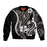 Samoa Siapo Tribal Pattern Sleeve Zip Bomber Jacket Black Polynesian Plumeria Tapa Motif