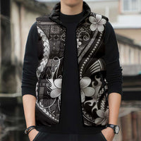 Samoa Siapo Tribal Pattern Sleeveless Puffer Jacket Black Polynesian Plumeria Tapa Motif