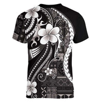 Samoa Siapo Tribal Pattern Women V-Neck T-Shirt Black Polynesian Plumeria Tapa Motif