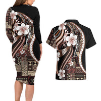 Samoa Siapo Tribal Pattern Couples Matching Long Sleeve Bodycon Dress and Hawaiian Shirt Brown Polynesian Plumeria Tapa Motif LT9 - Polynesian Pride