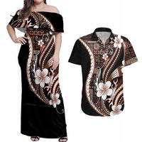 Samoa Siapo Tribal Pattern Couples Matching Off Shoulder Maxi Dress and Hawaiian Shirt Brown Polynesian Plumeria Tapa Motif
