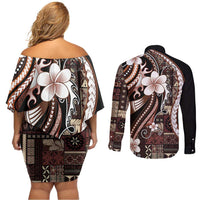 Samoa Siapo Tribal Pattern Couples Matching Off Shoulder Short Dress and Long Sleeve Button Shirt Brown Polynesian Plumeria Tapa Motif