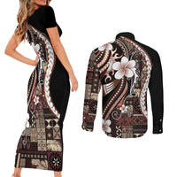 Samoa Siapo Tribal Pattern Couples Matching Short Sleeve Bodycon Dress and Long Sleeve Button Shirt Brown Polynesian Plumeria Tapa Motif