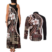 Samoa Siapo Tribal Pattern Couples Matching Tank Maxi Dress and Long Sleeve Button Shirt Brown Polynesian Plumeria Tapa Motif