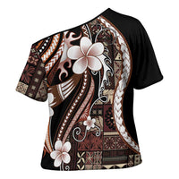 Samoa Siapo Tribal Pattern Cross Shoulder Shirt Brown Polynesian Plumeria Tapa Motif