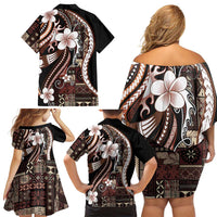 Samoa Siapo Tribal Pattern Family Matching Off Shoulder Short Dress and Hawaiian Shirt Brown Polynesian Plumeria Tapa Motif LT9 - Polynesian Pride