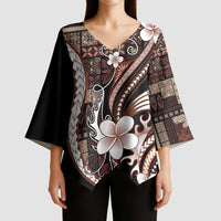 Samoa Siapo Tribal Pattern Kimono Sleeve Blouse Brown Polynesian Plumeria Tapa Motif