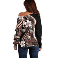 Samoa Siapo Tribal Pattern Off Shoulder Sweater Brown Polynesian Plumeria Tapa Motif