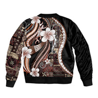 Samoa Siapo Tribal Pattern Sleeve Zip Bomber Jacket Brown Polynesian Plumeria Tapa Motif