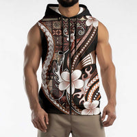 Samoa Siapo Tribal Pattern Sleeveless Zip Hoodie Brown Polynesian Plumeria Tapa Motif