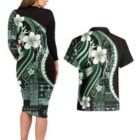 Samoa Siapo Tribal Pattern Couples Matching Long Sleeve Bodycon Dress and Hawaiian Shirt Forest Green Polynesian Plumeria Tapa Motif