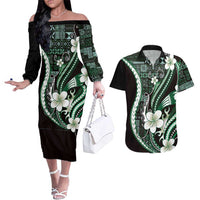 Samoa Siapo Tribal Pattern Couples Matching Off The Shoulder Long Sleeve Dress and Hawaiian Shirt Forest Green Polynesian Plumeria Tapa Motif