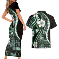 Samoa Siapo Tribal Pattern Couples Matching Short Sleeve Bodycon Dress and Hawaiian Shirt Forest Green Polynesian Plumeria Tapa Motif