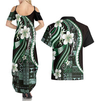 Samoa Siapo Tribal Pattern Couples Matching Summer Maxi Dress and Hawaiian Shirt Forest Green Polynesian Plumeria Tapa Motif