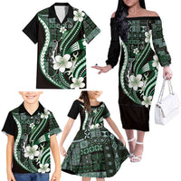 Samoa Siapo Tribal Pattern Family Matching Off The Shoulder Long Sleeve Dress and Hawaiian Shirt Forest Green Polynesian Plumeria Tapa Motif LT9 - Polynesian Pride