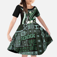 Samoa Siapo Tribal Pattern Family Matching Off Shoulder Short Dress and Hawaiian Shirt Forest Green Polynesian Plumeria Tapa Motif LT9 Daughter's Dress Green - Polynesian Pride