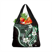 Samoa Siapo Tribal Pattern Grocery Bag Forest Green Polynesian Plumeria Tapa Motif