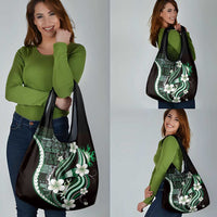 Samoa Siapo Tribal Pattern Grocery Bag Forest Green Polynesian Plumeria Tapa Motif