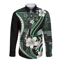 Samoa Siapo Tribal Pattern Long Sleeve Button Shirt Forest Green Polynesian Plumeria Tapa Motif