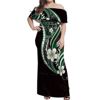 Samoa Siapo Tribal Pattern Off Shoulder Maxi Dress Forest Green Polynesian Plumeria Tapa Motif