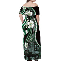 Samoa Siapo Tribal Pattern Off Shoulder Maxi Dress Forest Green Polynesian Plumeria Tapa Motif