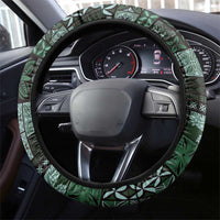 Samoa Siapo Tribal Pattern Steering Wheel Cover Forest Green Polynesian Plumeria Tapa Motif