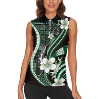 Samoa Siapo Tribal Pattern Women Sleeveless Polo Shirt Forest Green Polynesian Plumeria Tapa Motif
