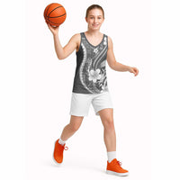 Samoa Siapo Tribal Pattern Basketball Jersey Light Gray Polynesian Plumeria Tapa Motif