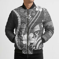 Samoa Siapo Tribal Pattern Bomber Puffer Jacket Light Gray Polynesian Plumeria Tapa Motif