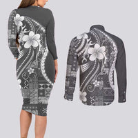 Samoa Siapo Tribal Pattern Couples Matching Long Sleeve Bodycon Dress and Long Sleeve Button Shirt Light Gray Polynesian Plumeria Tapa Motif