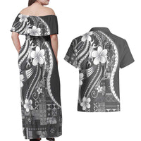 Samoa Siapo Tribal Pattern Couples Matching Off Shoulder Maxi Dress and Hawaiian Shirt Light Gray Polynesian Plumeria Tapa Motif
