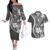 Samoa Siapo Tribal Pattern Couples Matching Off The Shoulder Long Sleeve Dress and Hawaiian Shirt Light Gray Polynesian Plumeria Tapa Motif LT9 Gray - Polynesian Pride