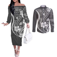 Samoa Siapo Tribal Pattern Couples Matching Off The Shoulder Long Sleeve Dress and Long Sleeve Button Shirt Light Gray Polynesian Plumeria Tapa Motif
