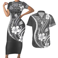 Samoa Siapo Tribal Pattern Couples Matching Short Sleeve Bodycon Dress and Hawaiian Shirt Light Gray Polynesian Plumeria Tapa Motif