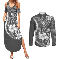 Samoa Siapo Tribal Pattern Couples Matching Summer Maxi Dress and Long Sleeve Button Shirt Light Gray Polynesian Plumeria Tapa Motif