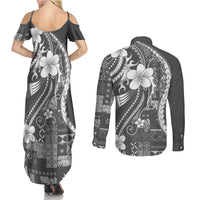 Samoa Siapo Tribal Pattern Couples Matching Summer Maxi Dress and Long Sleeve Button Shirt Light Gray Polynesian Plumeria Tapa Motif