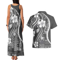 Samoa Siapo Tribal Pattern Couples Matching Tank Maxi Dress and Hawaiian Shirt Light Gray Polynesian Plumeria Tapa Motif
